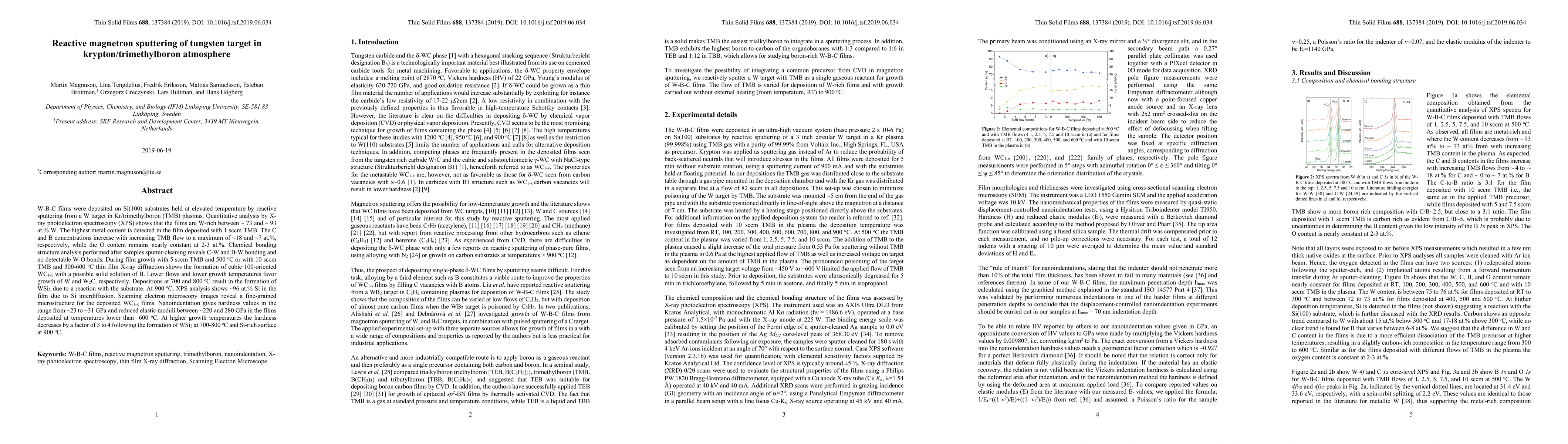 Thumbnail for Reactive magnetron sputtering of tungsten target in
  krypton/trimethylboron atmosphere
