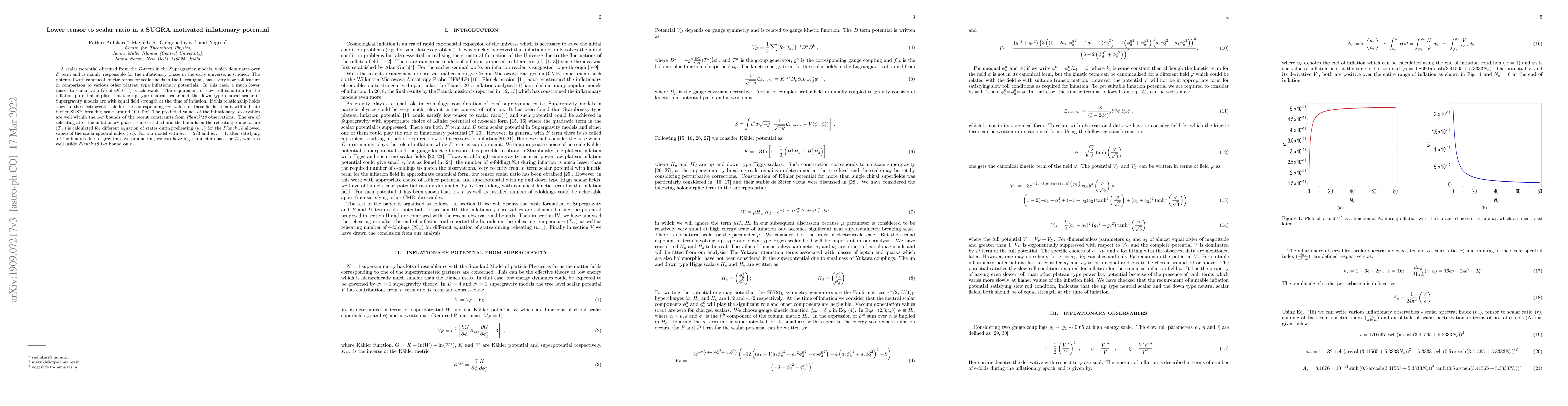 Thumbnail for Lower tensor to scalar ratio in a SUGRA motivated inflationary potential