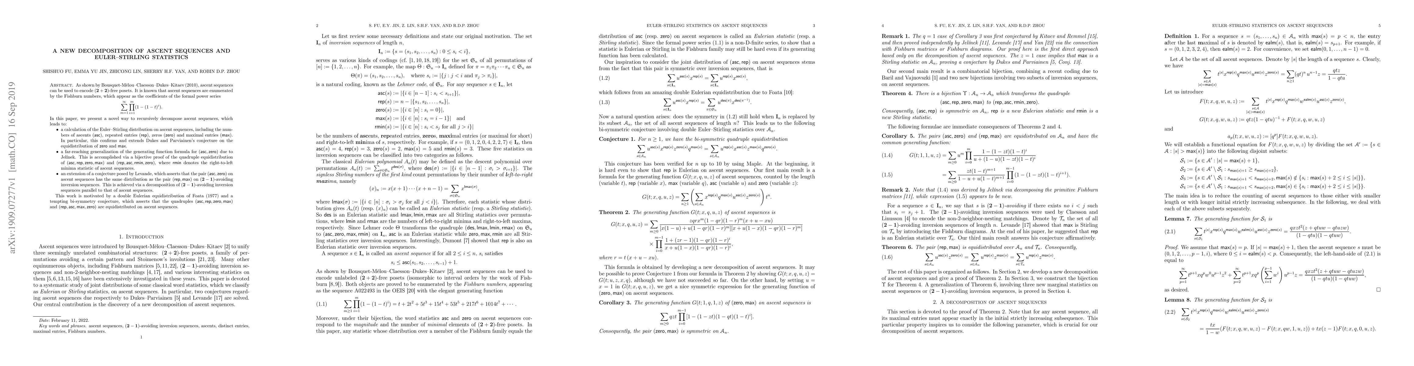 Thumbnail for A new decomposition of ascent sequences and Euler--Stirling statistics