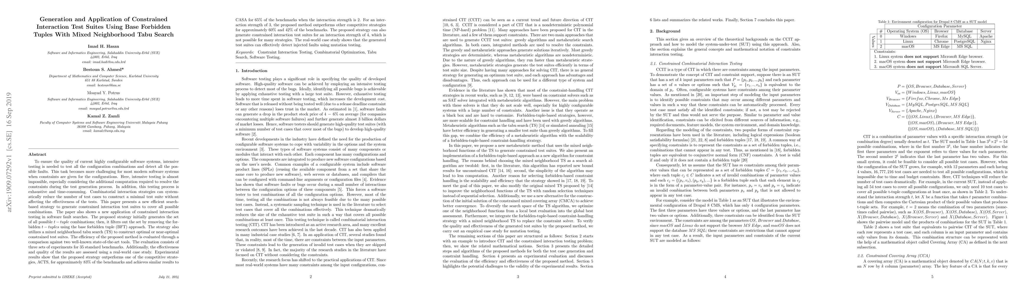 Thumbnail for Generation and Application of Constrained Interaction Test Suites Using
  Base Forbidden Tuples With Mixed Neighborhood Tabu Search