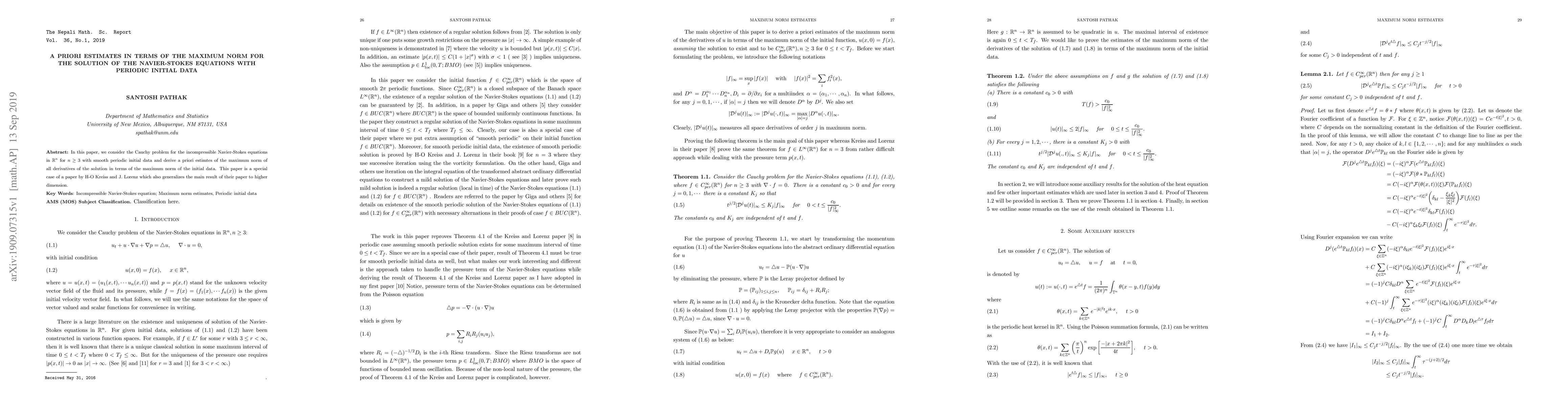 Thumbnail for A priori estimates in terms of the maximum norm for the solution of the
  Navier-Stokes equations for the periodic initial data