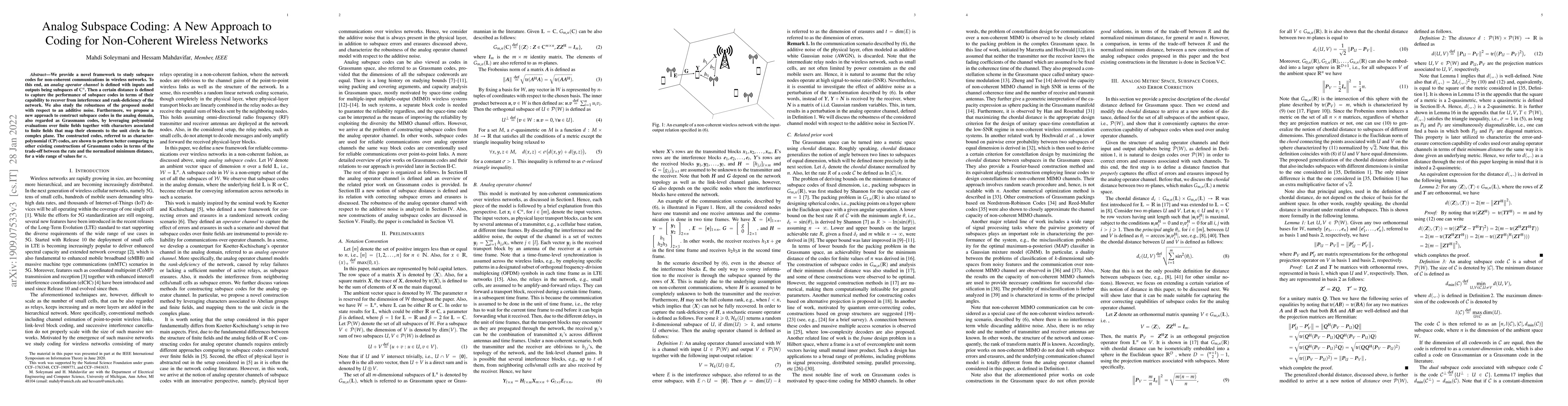 Thumbnail for Analog Subspace Coding: A New Approach to Coding for Non-Coherent
  Wireless Networks