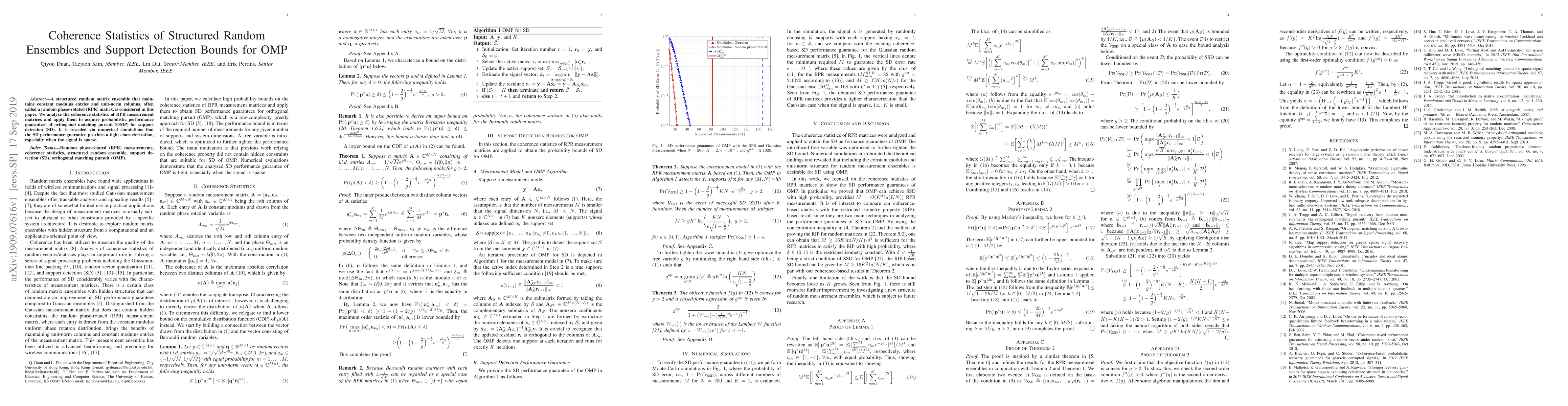 Thumbnail for Coherence Statistics of Structured Random Ensembles and Support
  Detection Bounds for OMP