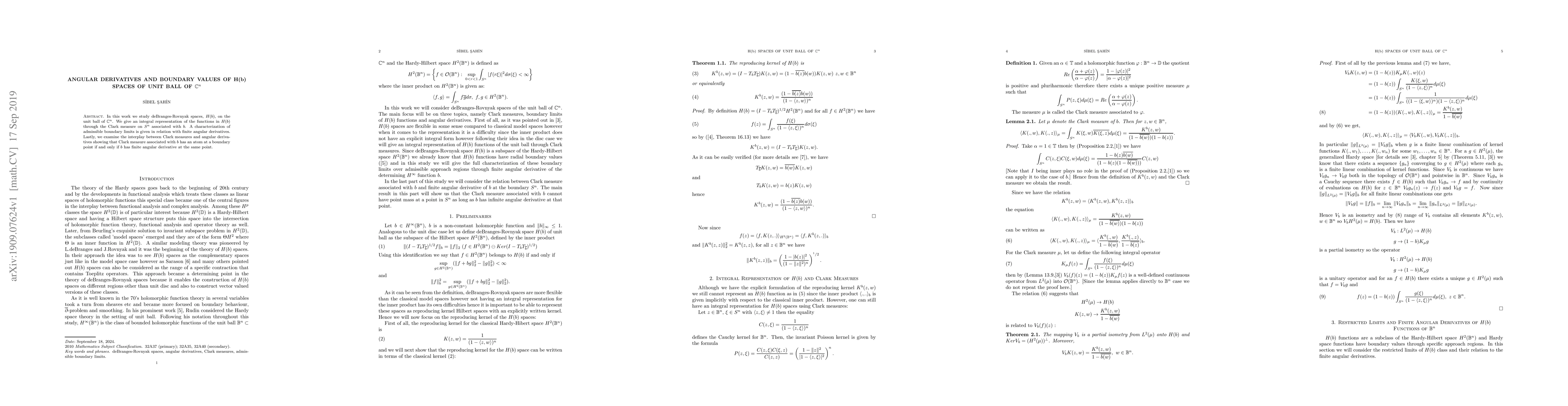 Thumbnail for Angular Derivatives and Boundary Values of H(b) Spaces of Unit Ball of
  $\mathbb{C}^n$