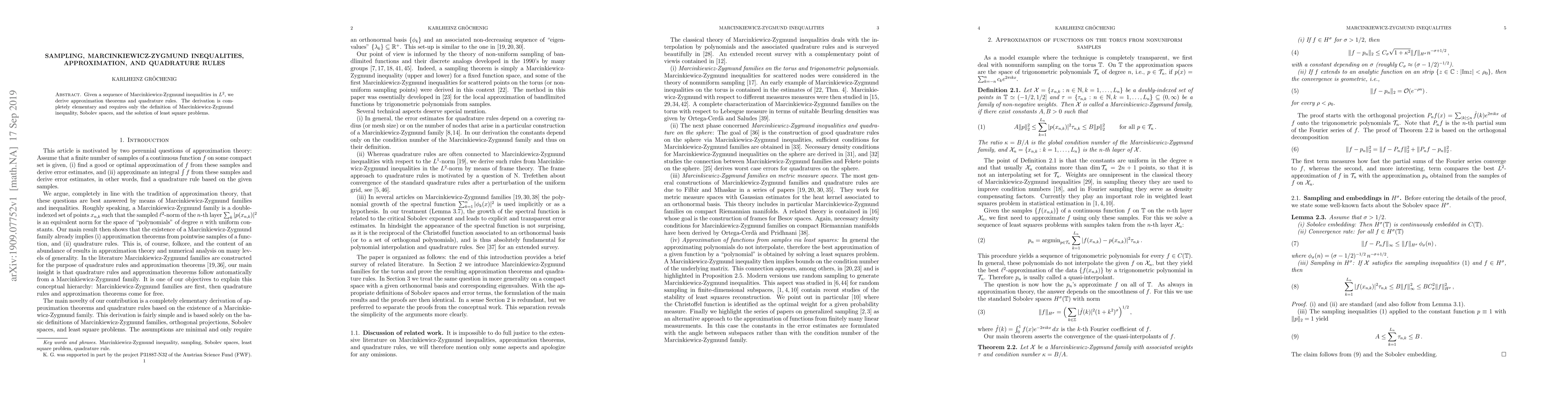 Thumbnail for Sampling, Marcinkiewicz-Zygmund Inequalities, Approximation, and
  Quadrature Rules