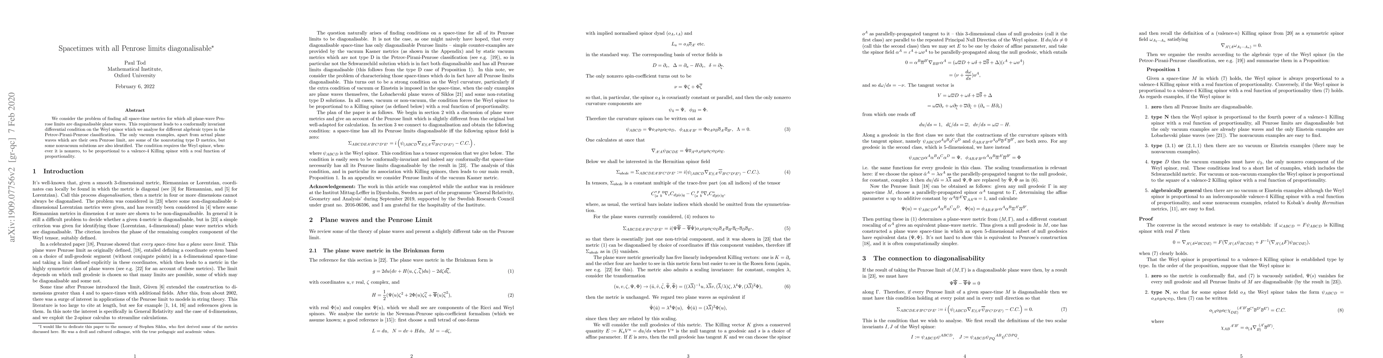 Thumbnail for Spacetimes with all Penrose limits diagonalisable