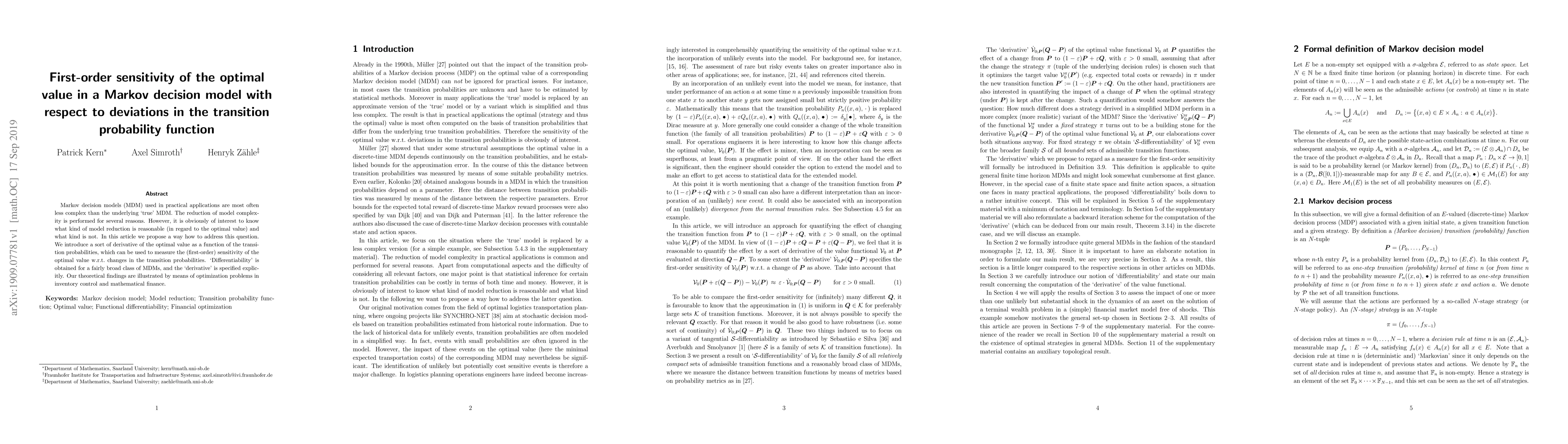 Thumbnail for First-order sensitivity of the optimal value in a Markov decision model
  with respect to deviations in the transition probability function