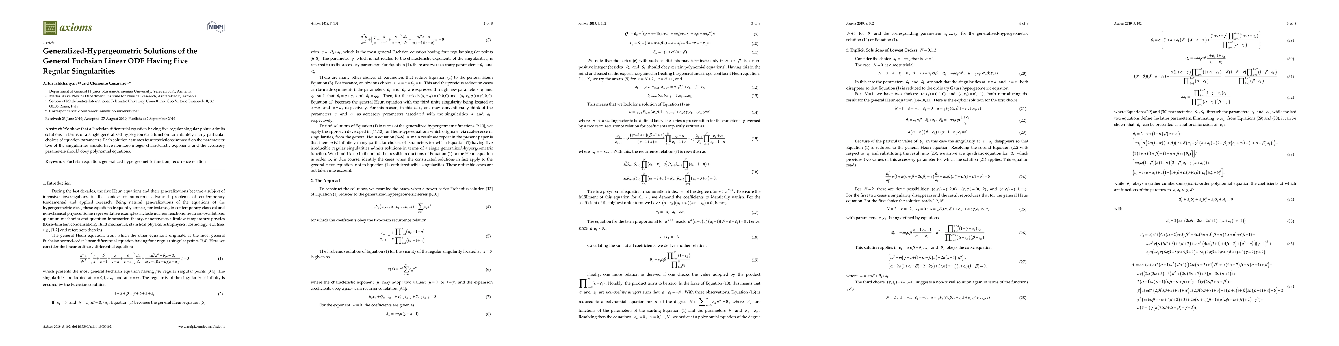 Thumbnail for Generalized-hypergeometric solutions of the general Fuchsian linear ODE
  having five regular singularities