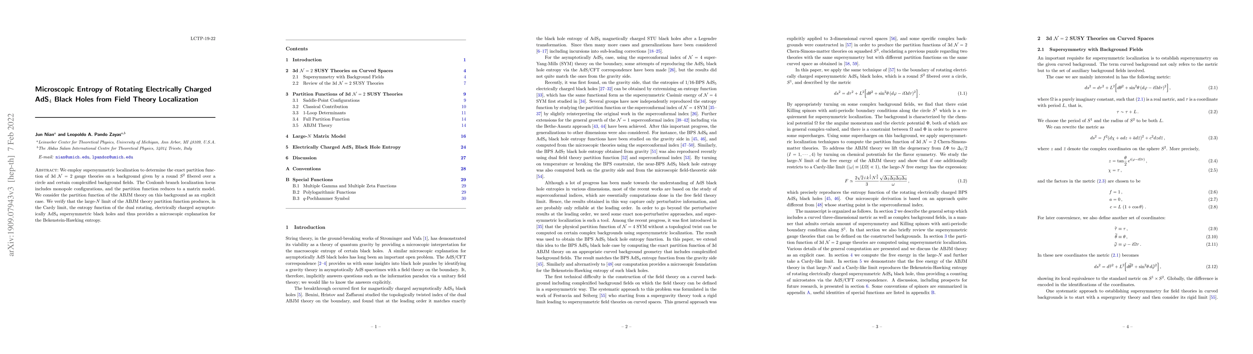 Thumbnail for Microscopic Entropy of Rotating Electrically Charged AdS$_4$ Black Holes
  from Field Theory Localization