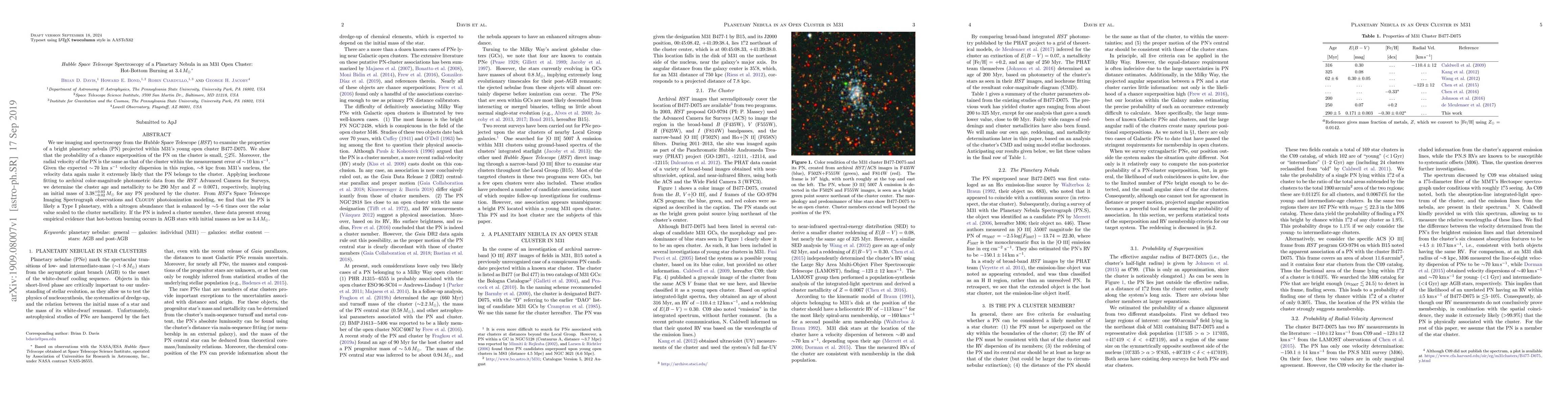Thumbnail for Hubble Space Telescope Spectroscopy of a Planetary Nebula in an M31 Open
  Cluster: Hot-Bottom Burning at $3.4 \, M_{\odot}$