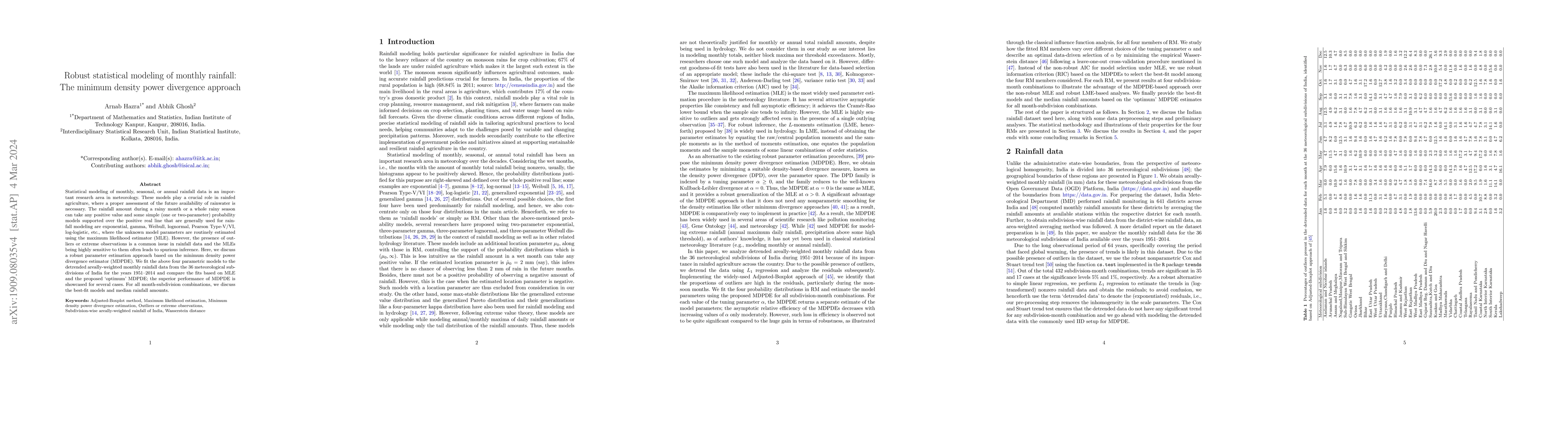 Thumbnail for Robust statistical modeling of monthly rainfall: The minimum density
  power divergence approach