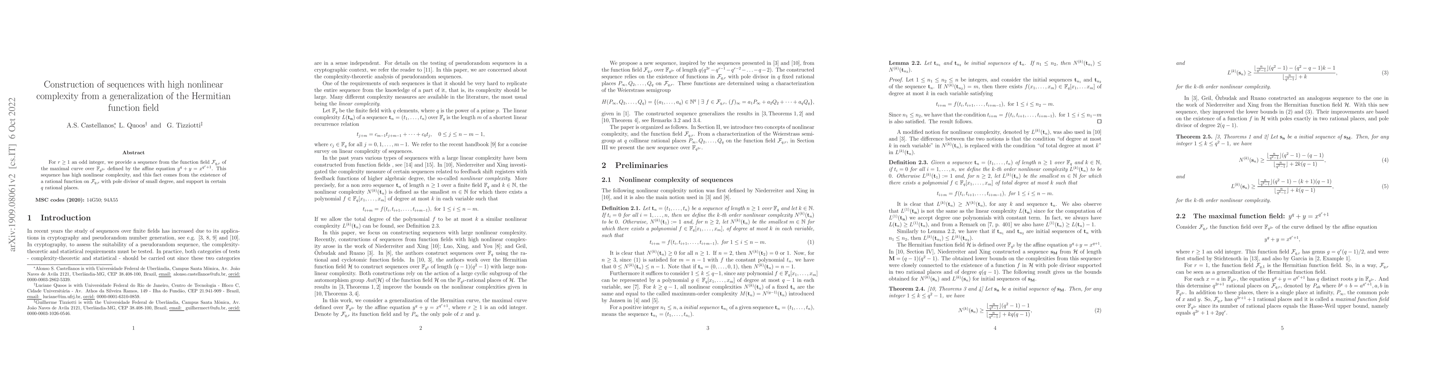 Thumbnail for Construction of sequences with high nonlinear complexity from a
  generalization of the Hermitian function field