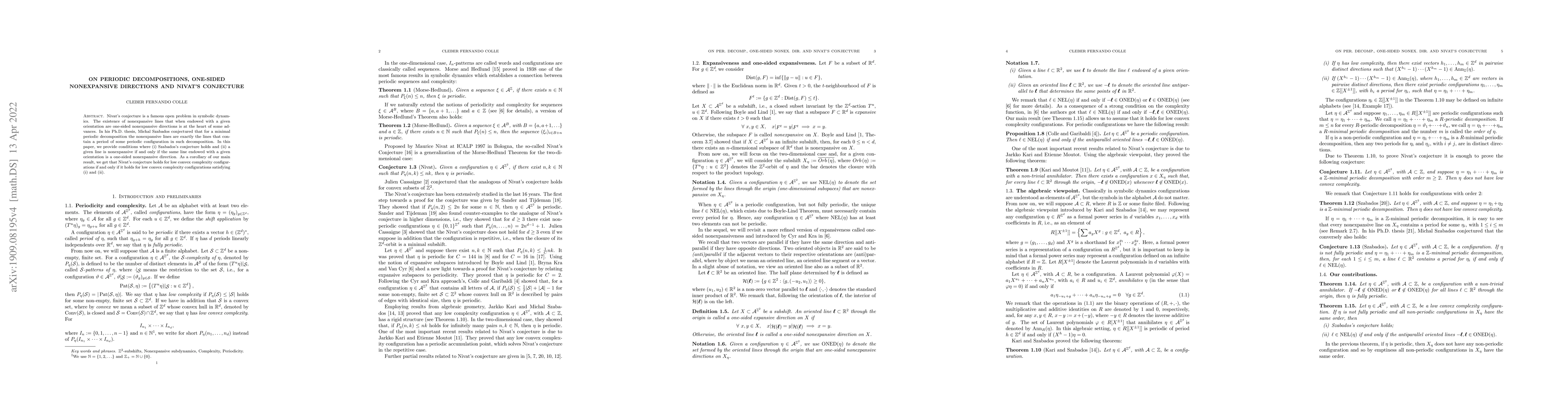 Thumbnail for On Periodic Decompositions, One-sided Nonexpansive Directions and
  Nivat's Conjecture