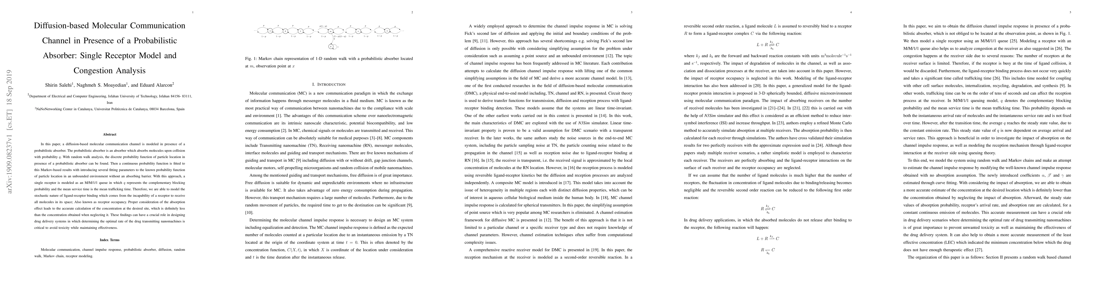 Thumbnail for Diffusion-Based Molecular Communication Channel in Presence of a
  Probabilistic Absorber: Single Receptor Model and Congestion Analysis