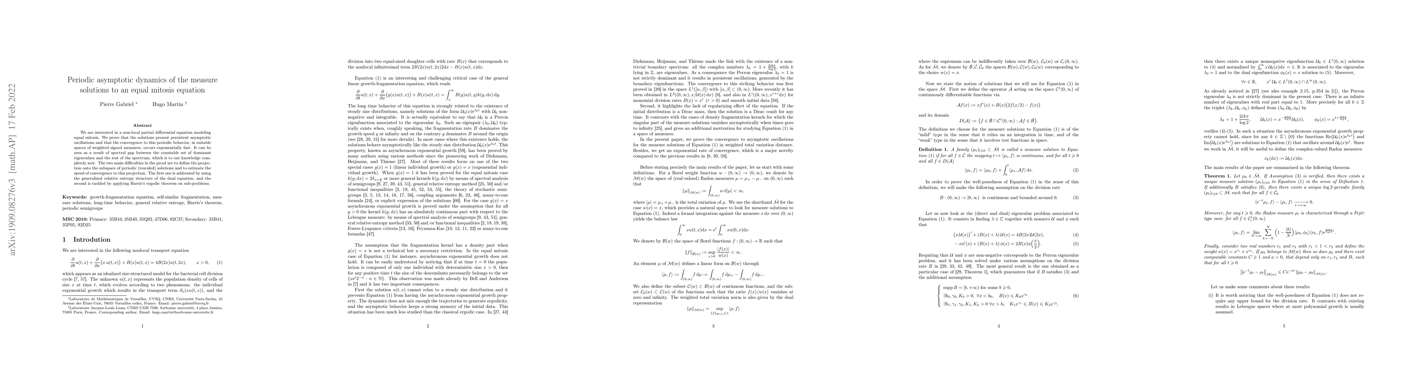 Thumbnail for Periodic asymptotic dynamics of the measure solutions to an equal
  mitosis equation