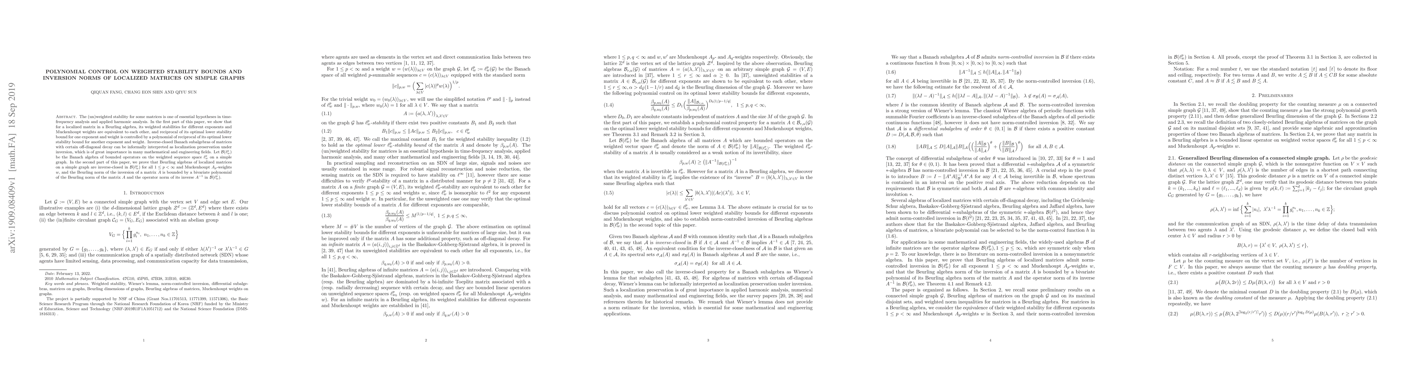 Thumbnail for Polynomial control on weighted stability bounds and inversion norms of
  localized matrices on simple graphs