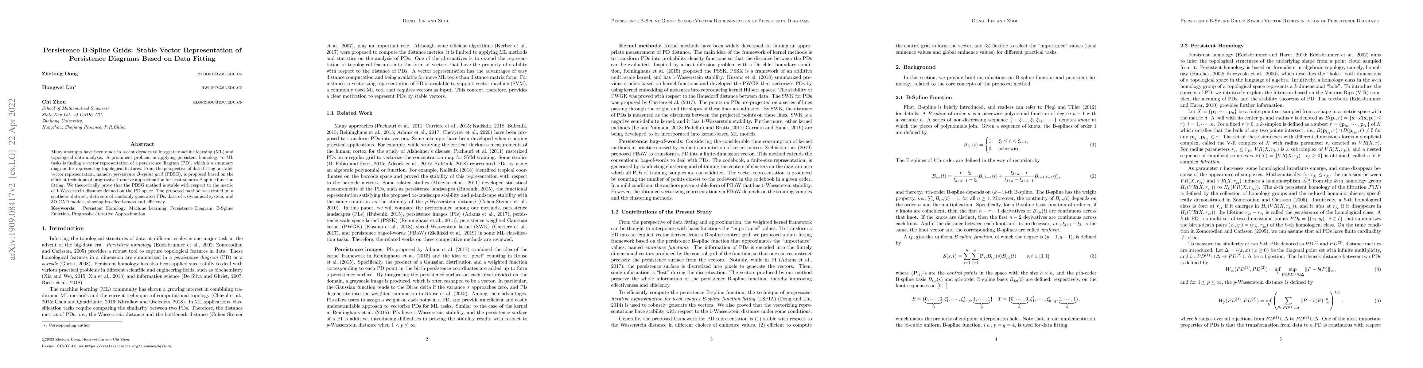 Thumbnail for Persistence B-Spline Grids: Stable Vector Representation of Persistence
  Diagrams Based on Data Fitting