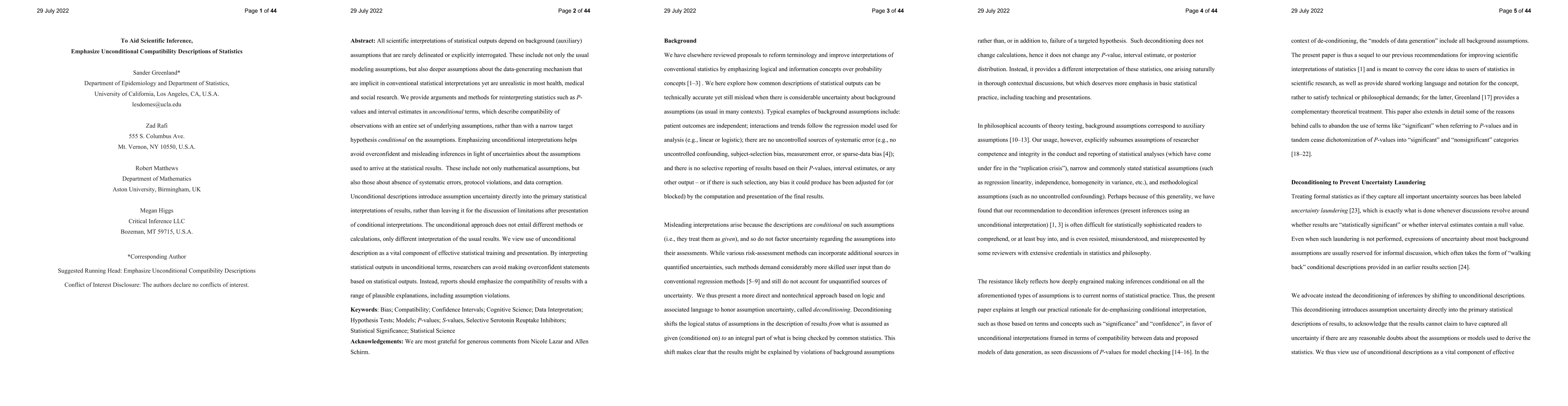 Thumbnail for To Aid Scientific Inference, Emphasize Unconditional Compatibility
  Descriptions of Statistics