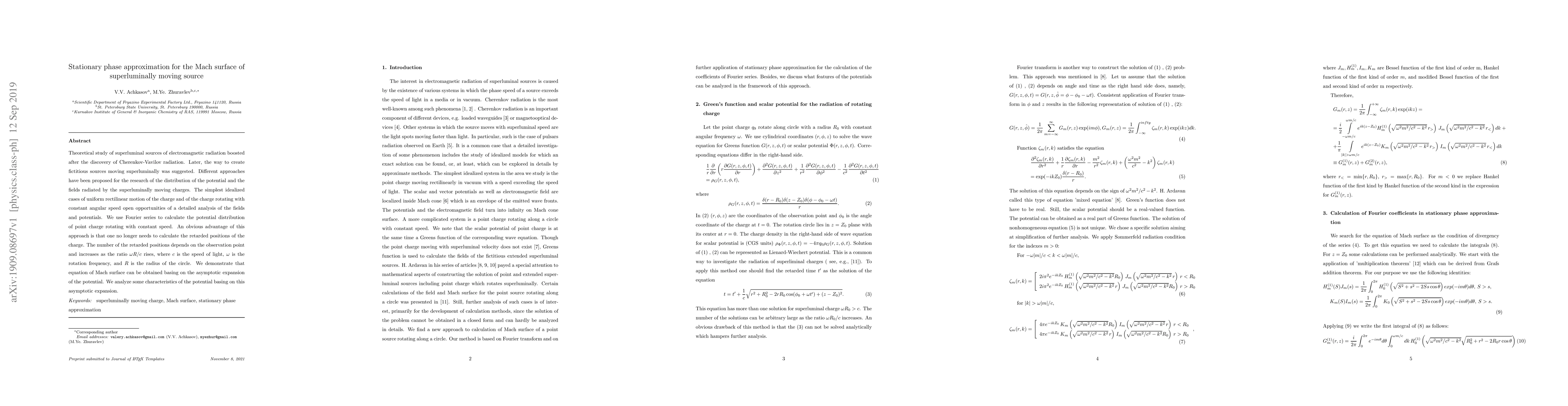 Thumbnail for Stationary phase approximation for the Mach surface of superluminally
  moving source