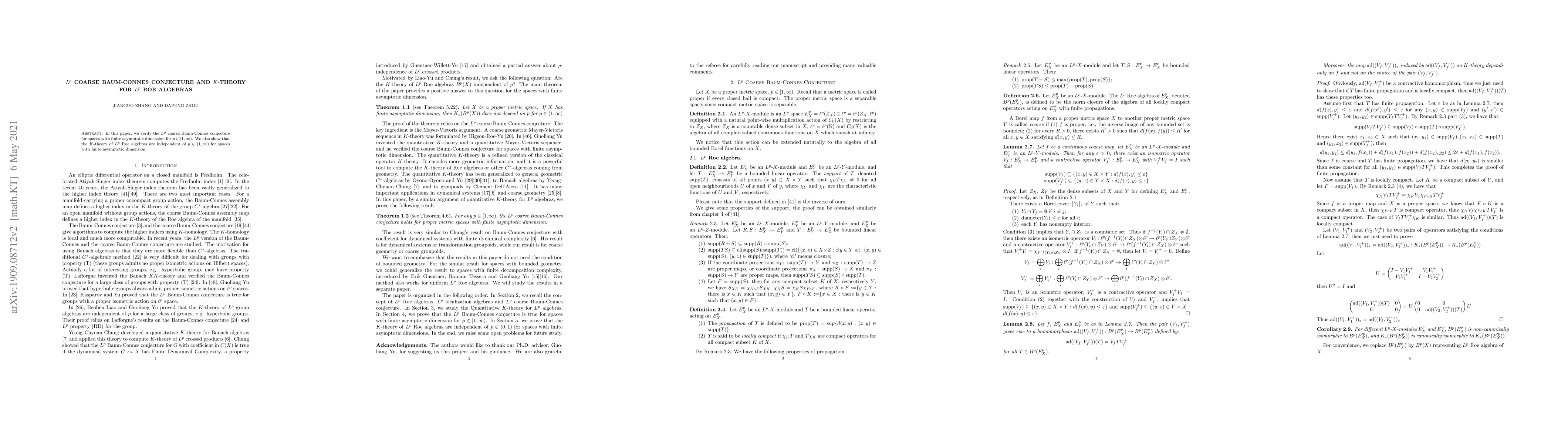 Thumbnail for $L^p$ Coarse Baum-Connes Conjecture and $K$-theory for $L^p$ Roe
  Algebras