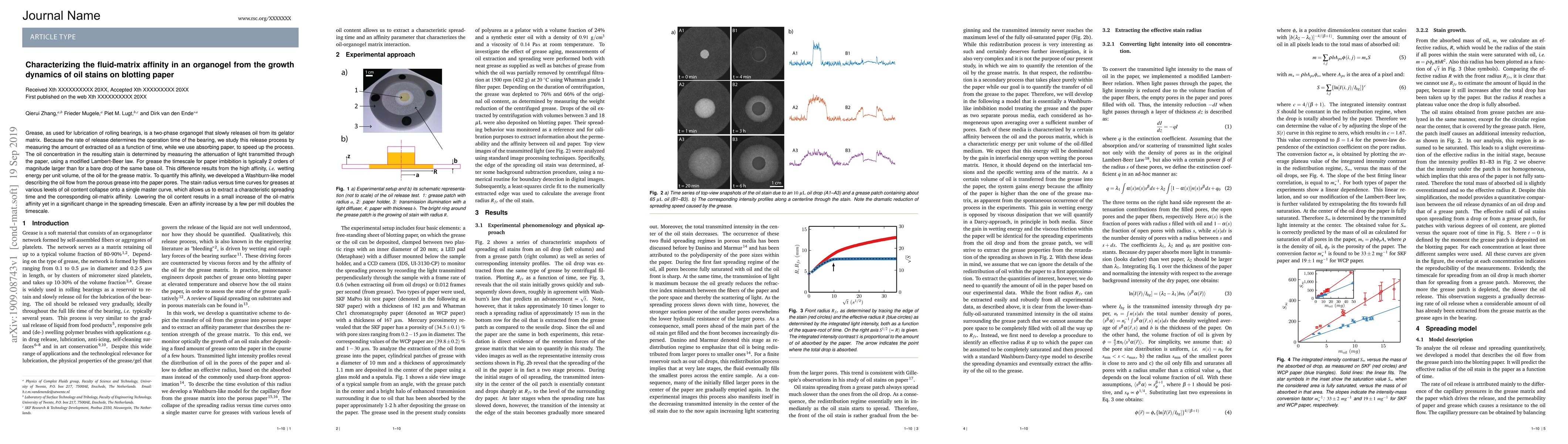Thumbnail for Characterizing the fluid-matrix affinity in an organogel from the growth
  dynamics of oil stains on blotting paper