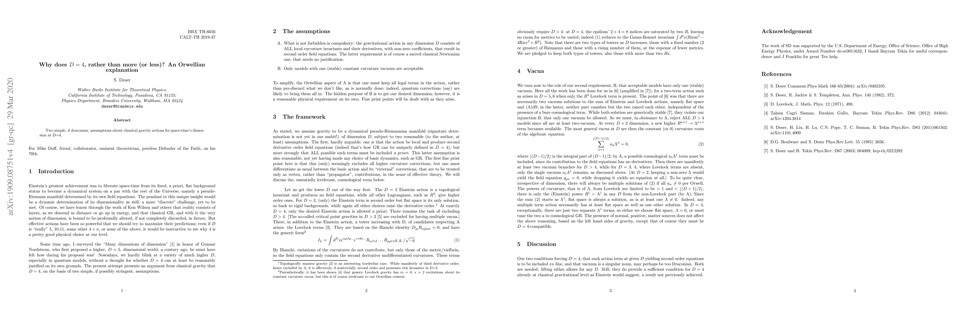 Thumbnail for Why does D=4, rather than more (or less)? An Orwellian explanation