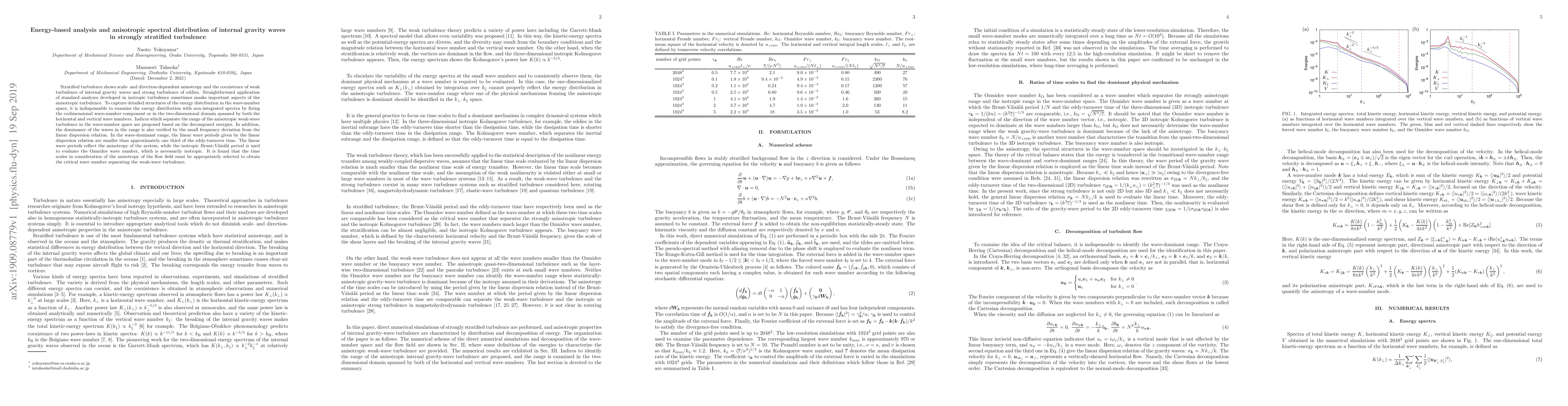 Thumbnail for Energy-based analysis and anisotropic spectral distribution of internal
  gravity waves in strongly stratified turbulence