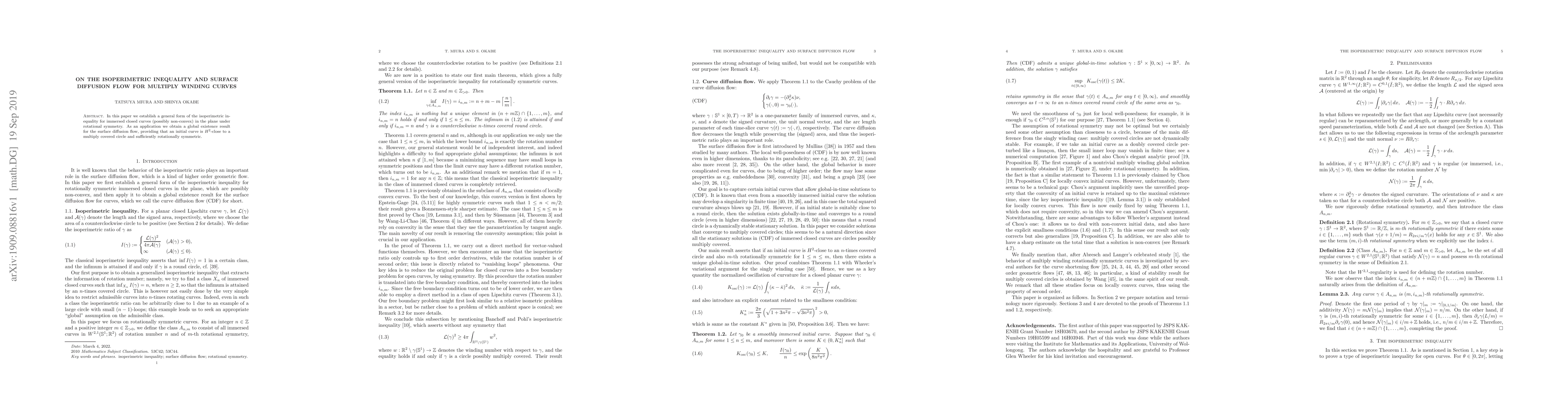 Thumbnail for On the isoperimetric inequality and surface diffusion flow for multiply
  winding curves