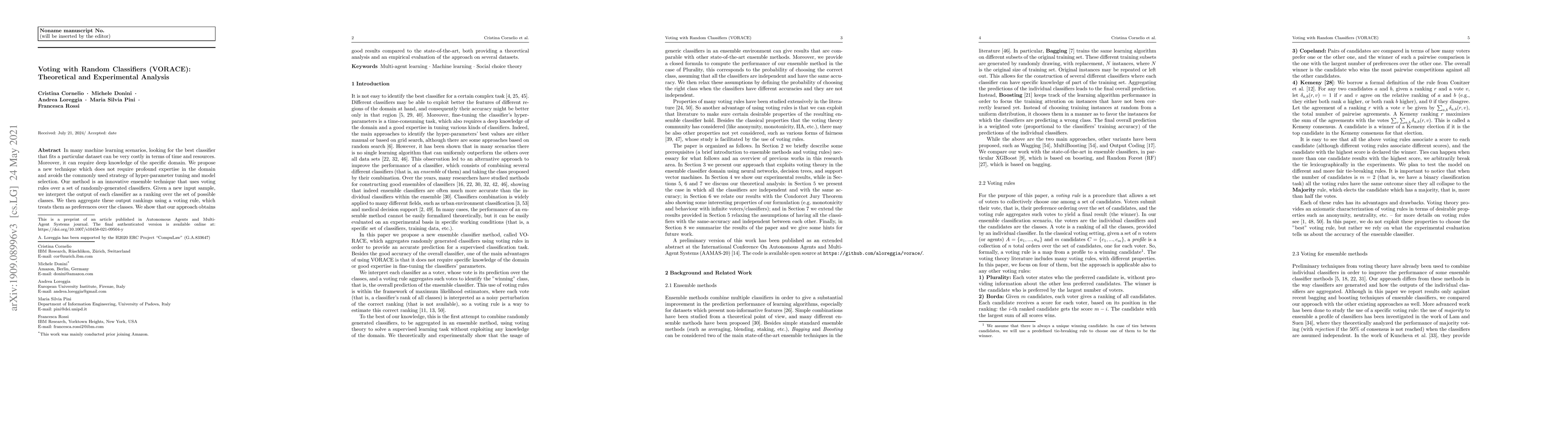 Thumbnail for Voting with Random Classifiers (VORACE): Theoretical and Experimental
  Analysis
