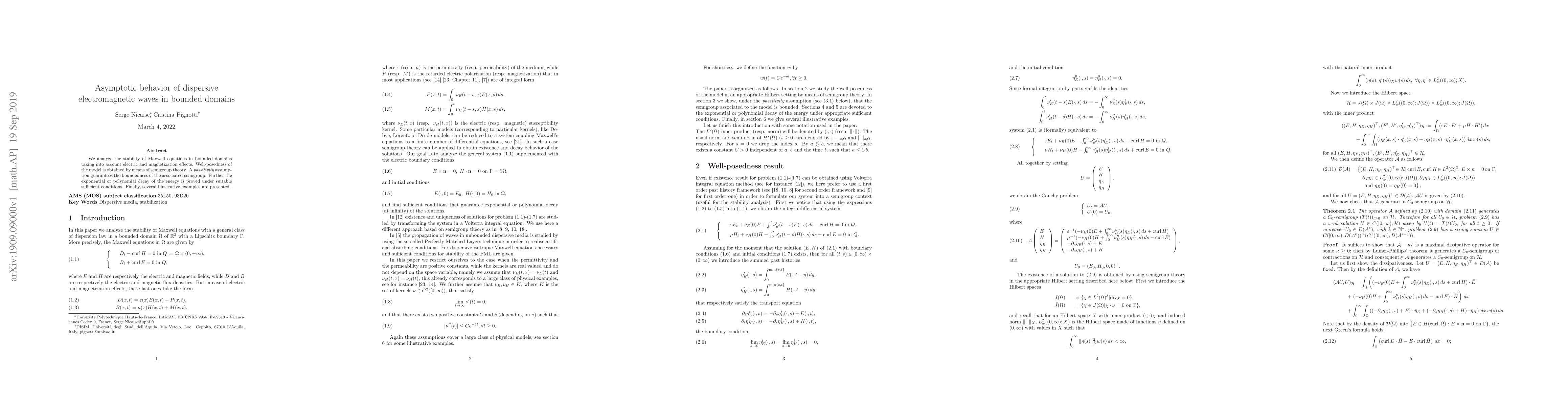 Thumbnail for Asymptotic behavior of dispersive electromagnetic waves in bounded
  domains