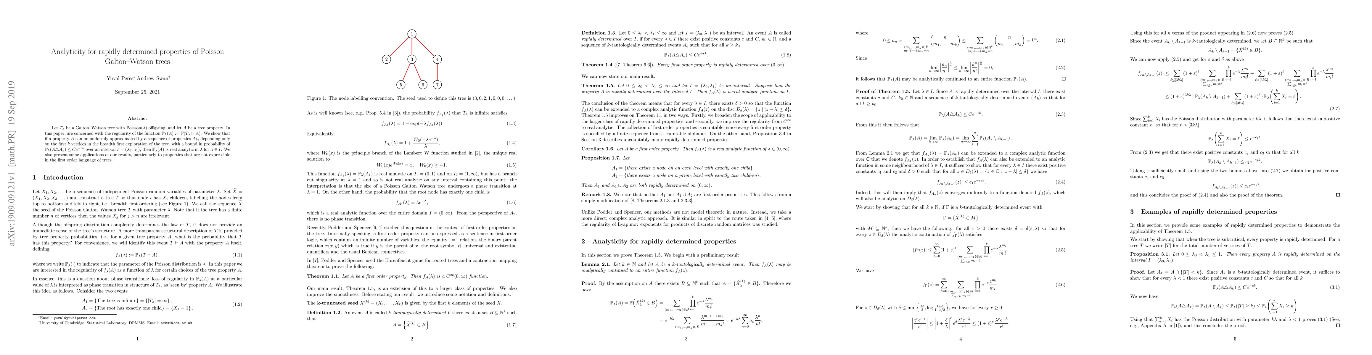 Thumbnail for Analyticity for rapidly determined properties of Poisson Galton--Watson
  trees