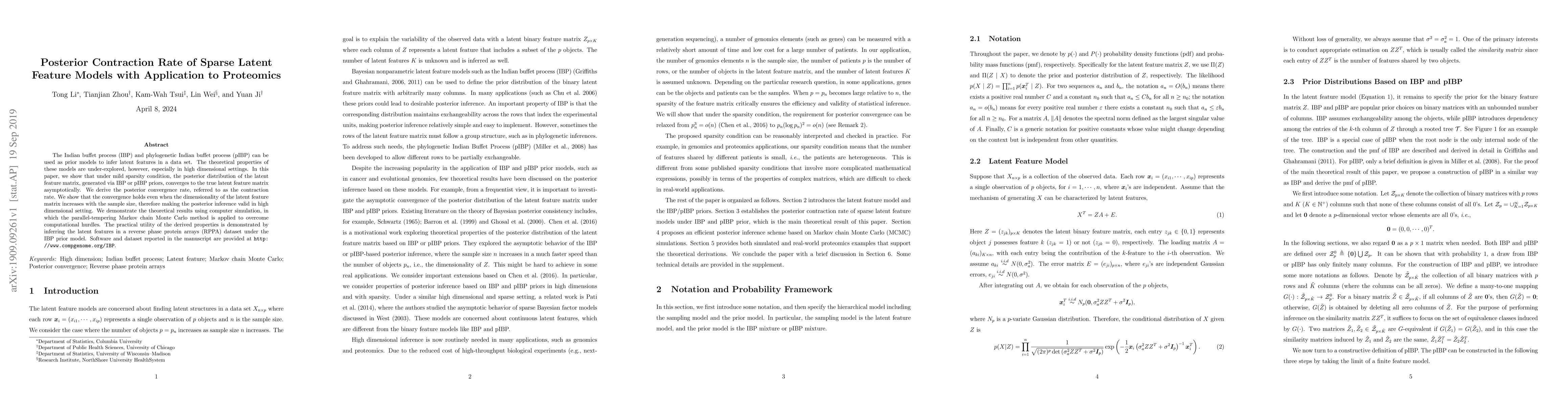 Thumbnail for Posterior Contraction Rate of Sparse Latent Feature Models with
  Application to Proteomics