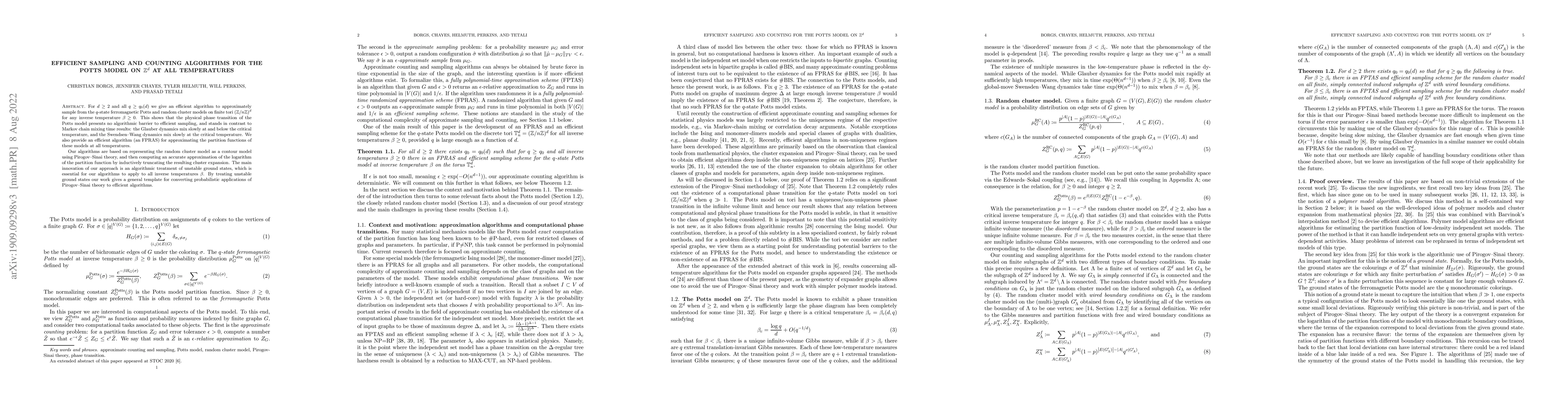 Thumbnail for Efficient sampling and counting algorithms for the Potts model on
  $\mathbb Z^d$ at all temperatures