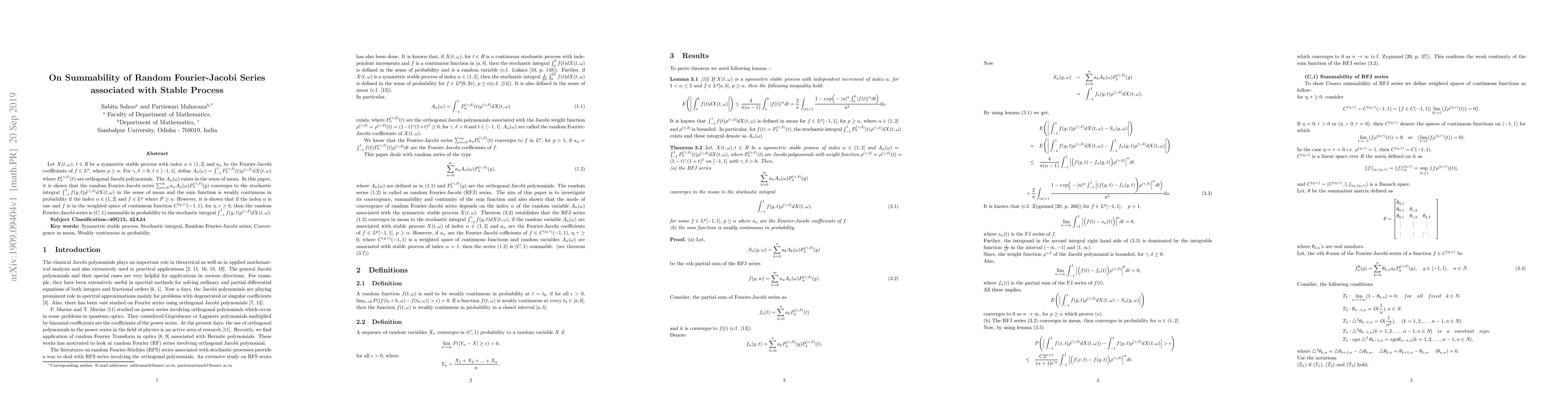 Thumbnail for On Summability of Random Fourier-Jacobi Series associated with Stable
  Process