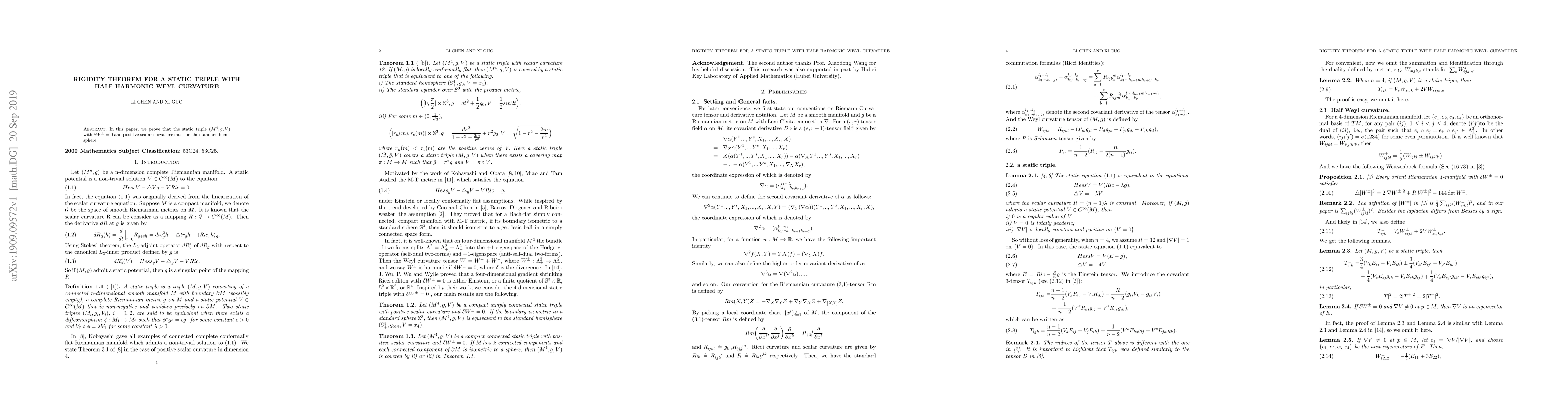 Thumbnail for Rigidity theorem for a static triple with half harmonic Weyl curvature