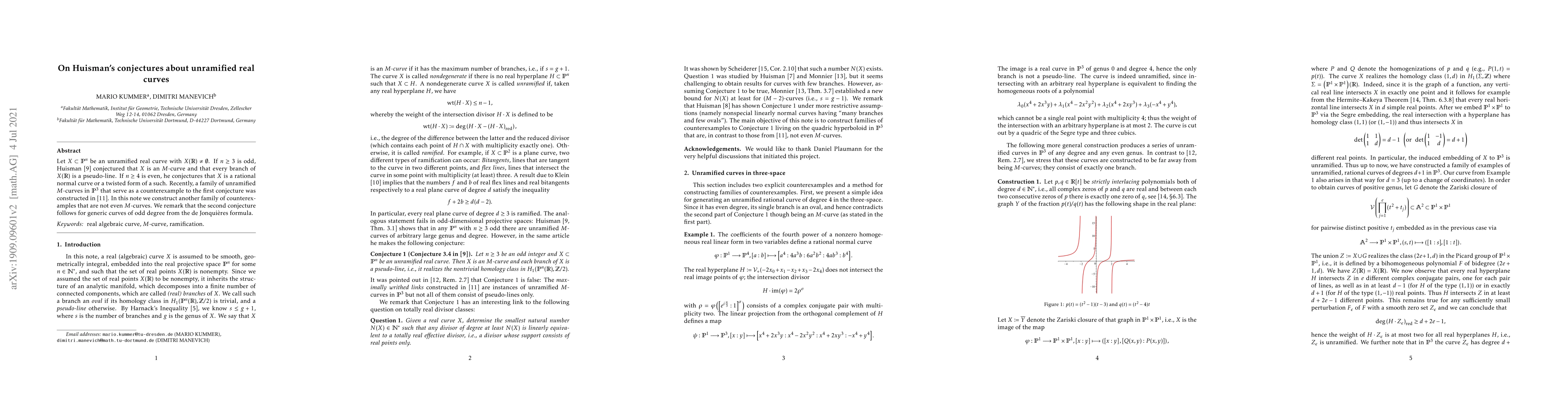 Thumbnail for On Huisman's conjectures about unramified real curves