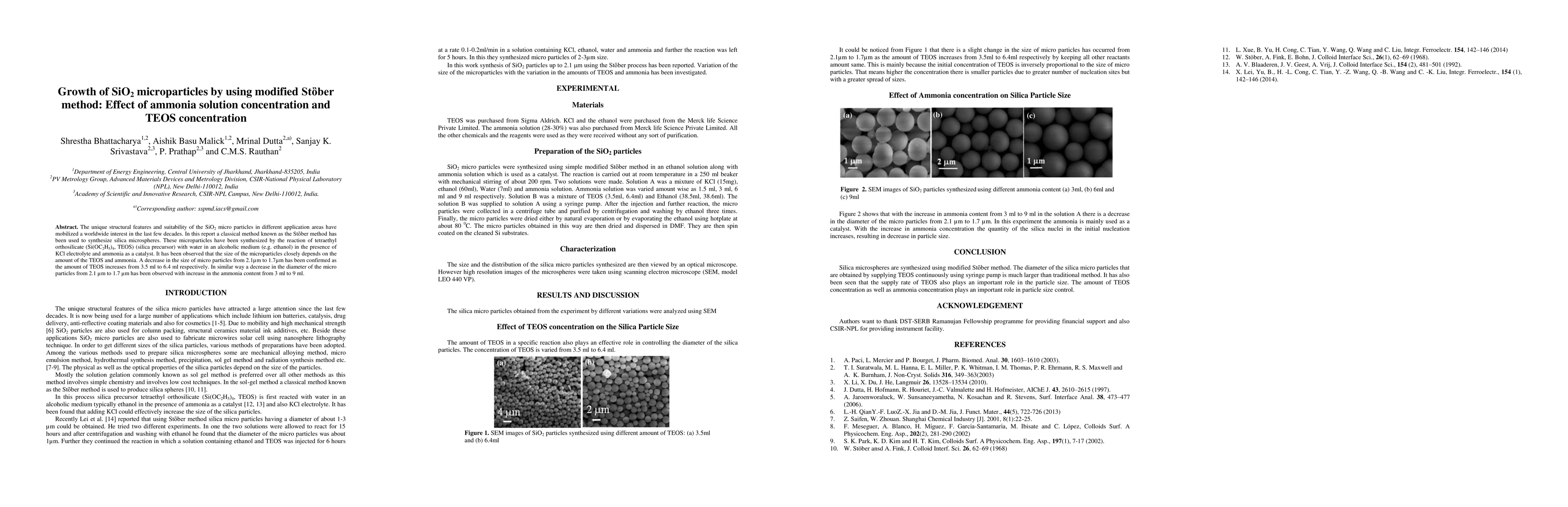 Thumbnail for Growth of SiO2 microparticles by using modified Stober method: Effect of
  ammonia solution concentration and TEOS concentration