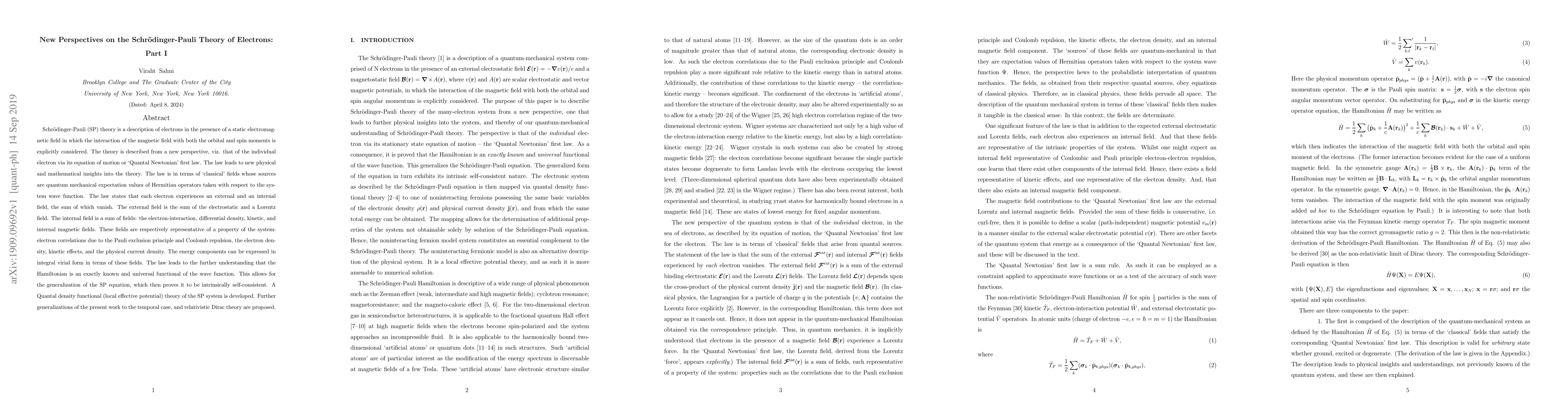 Thumbnail for New Perspectives on the Schr{\"o}dinger-Pauli Theory of Electrons: Part
  I