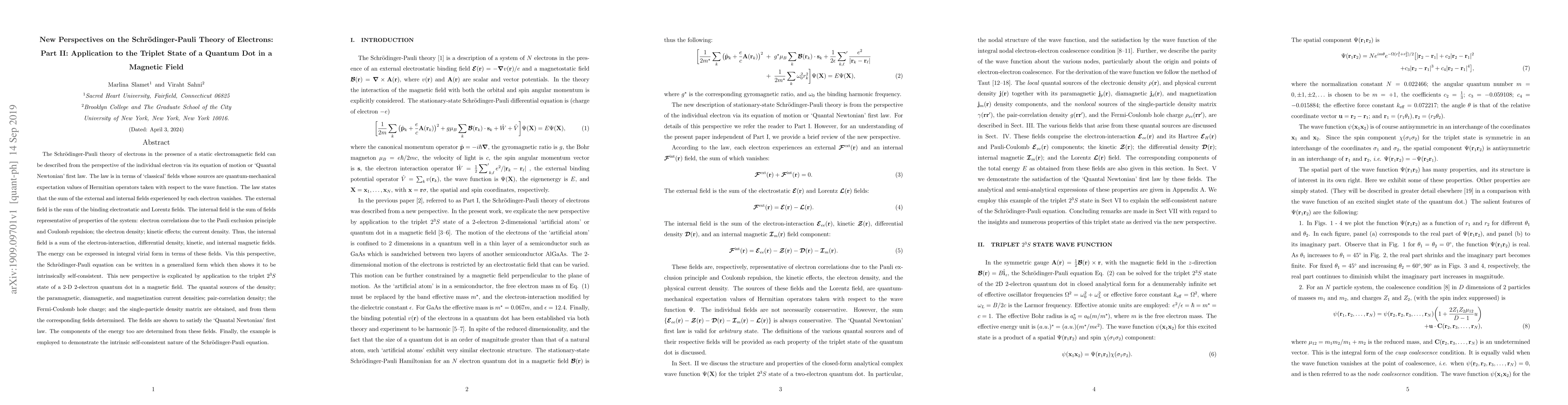 Thumbnail for New Perspectives on the Schr{\"o}dinger-Pauli Theory of Electrons: Part
  II: Application to the Triplet State of a Quantum Dot in a Magnetic Field