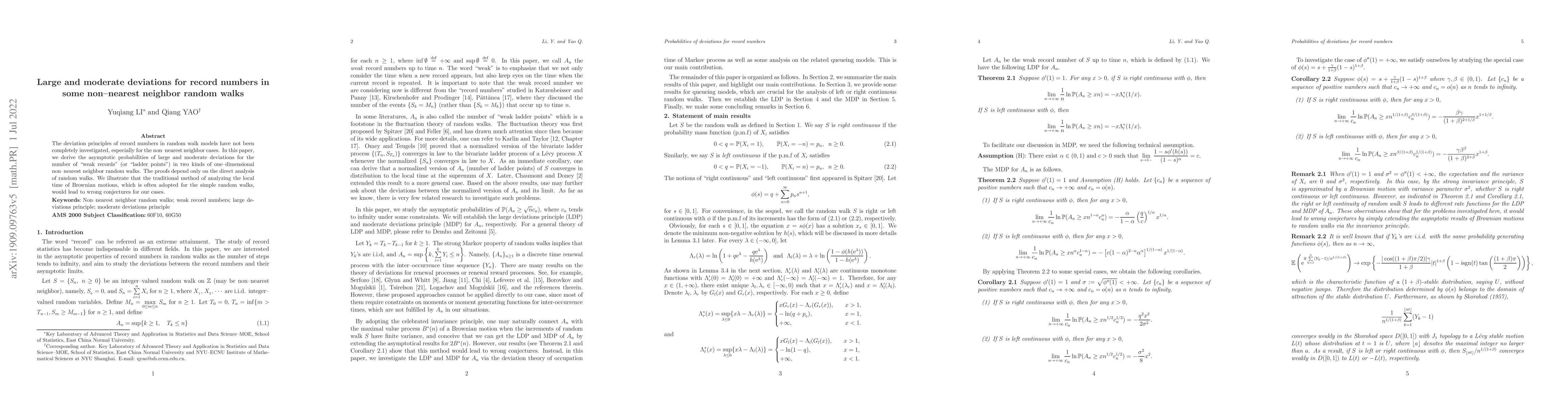 Thumbnail for Large and moderate deviations for record numbers in some non-nearest
  neighbor random walks