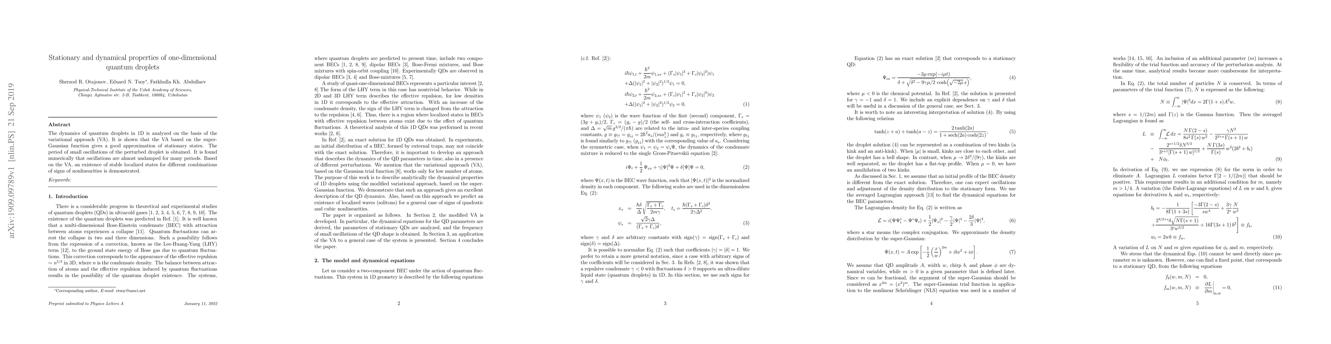 Thumbnail for Stationary and dynamical properties of one-dimensional quantum droplets