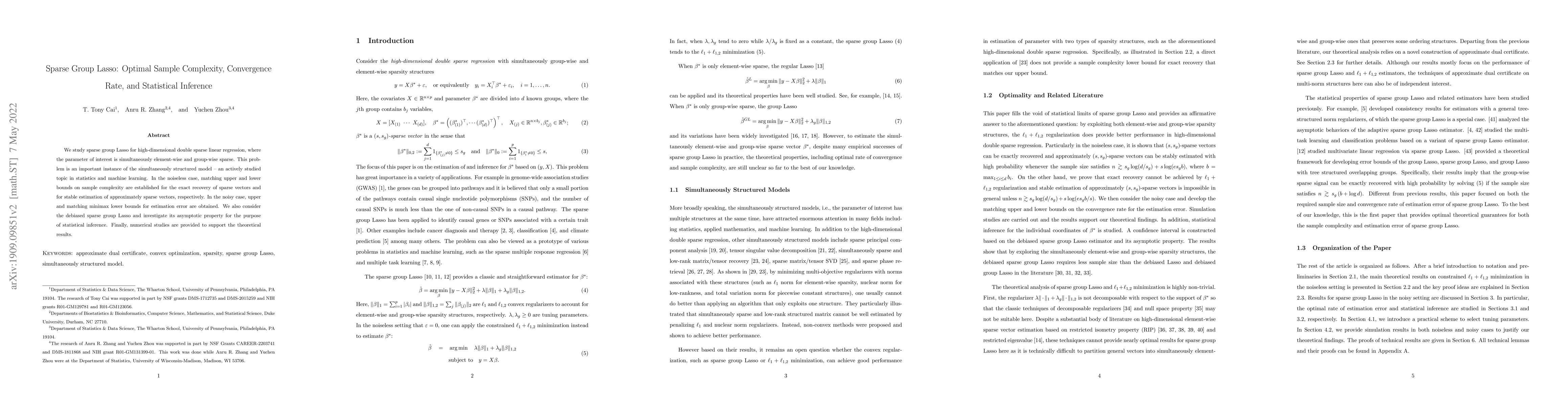 Thumbnail for Sparse Group Lasso: Optimal Sample Complexity, Convergence Rate, and
  Statistical Inference
