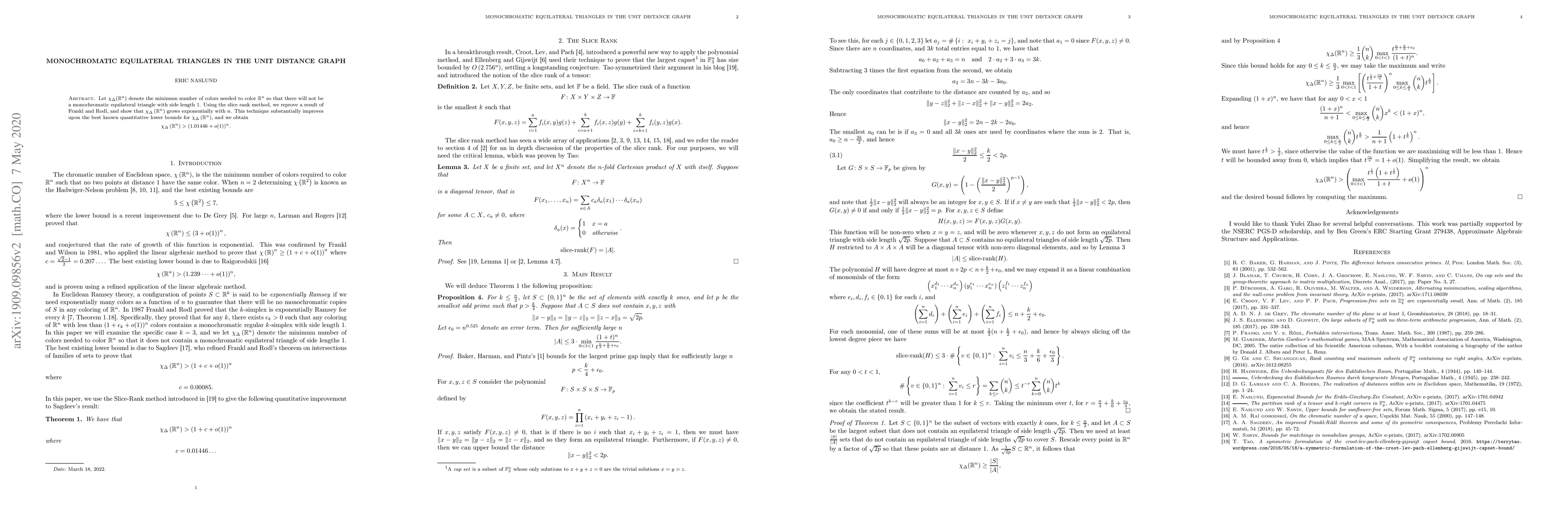 Thumbnail for Monochromatic Equilateral Triangles in the Unit Distance Graph