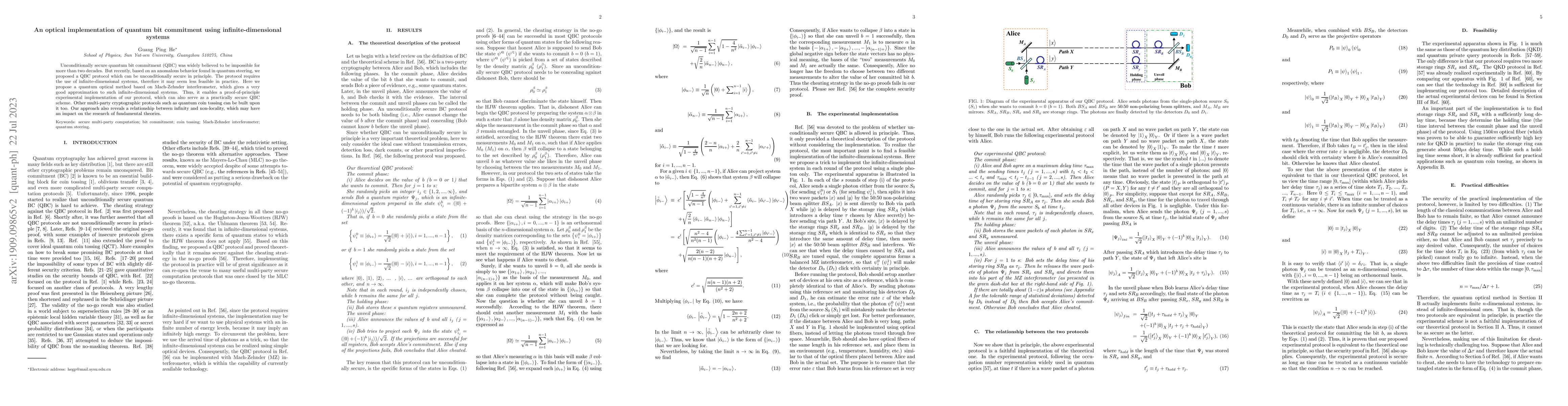 Thumbnail for An optical implementation of quantum bit commitment using
  infinite-dimensional systems