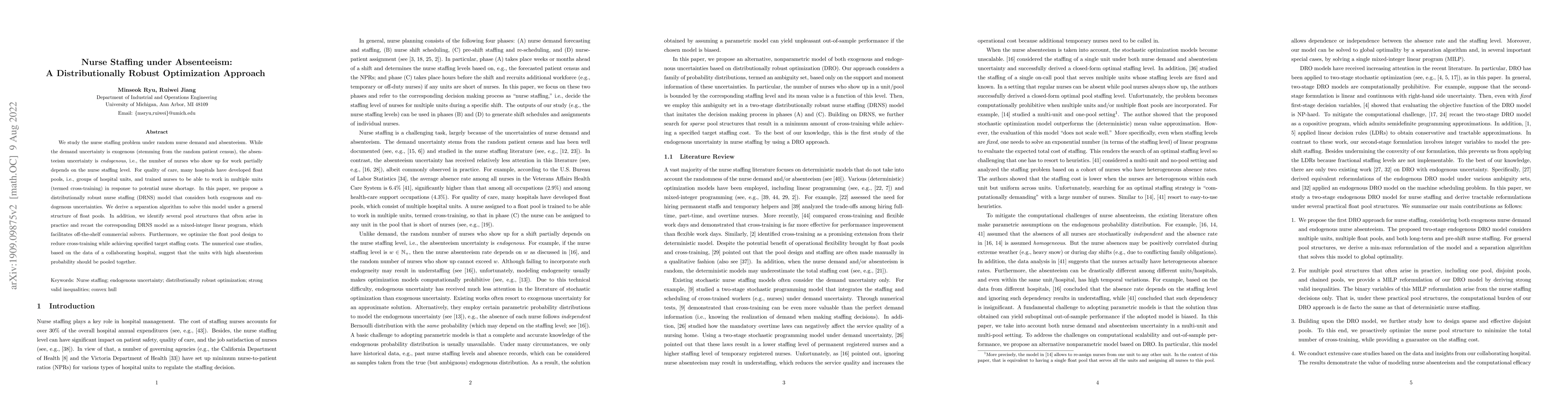 Thumbnail for Nurse Staffing under Absenteeism: A Distributionally Robust Optimization
  Approach