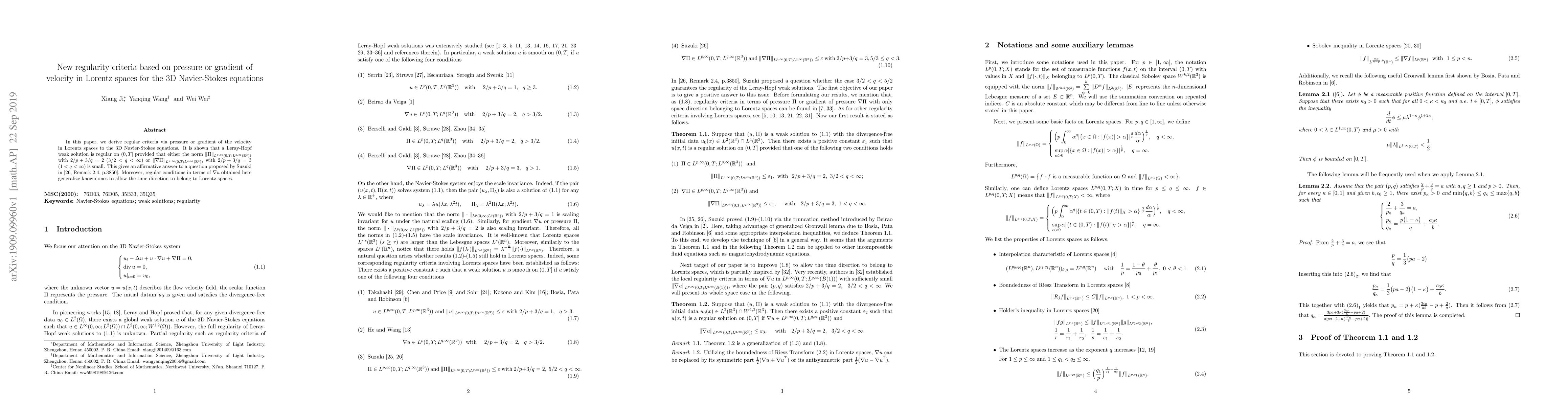 Thumbnail for New regularity criteria based on pressure or gradient of velocity in
  Lorentz spaces for the 3D Navier-Stokes equations