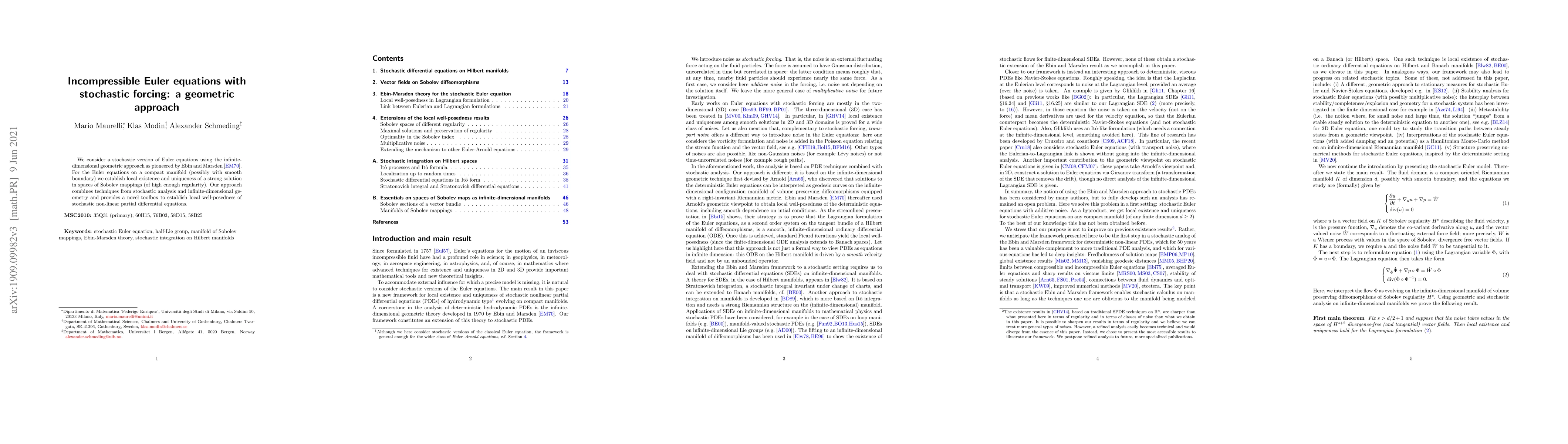Thumbnail for Incompressible Euler equations with stochastic forcing: a geometric
  approach