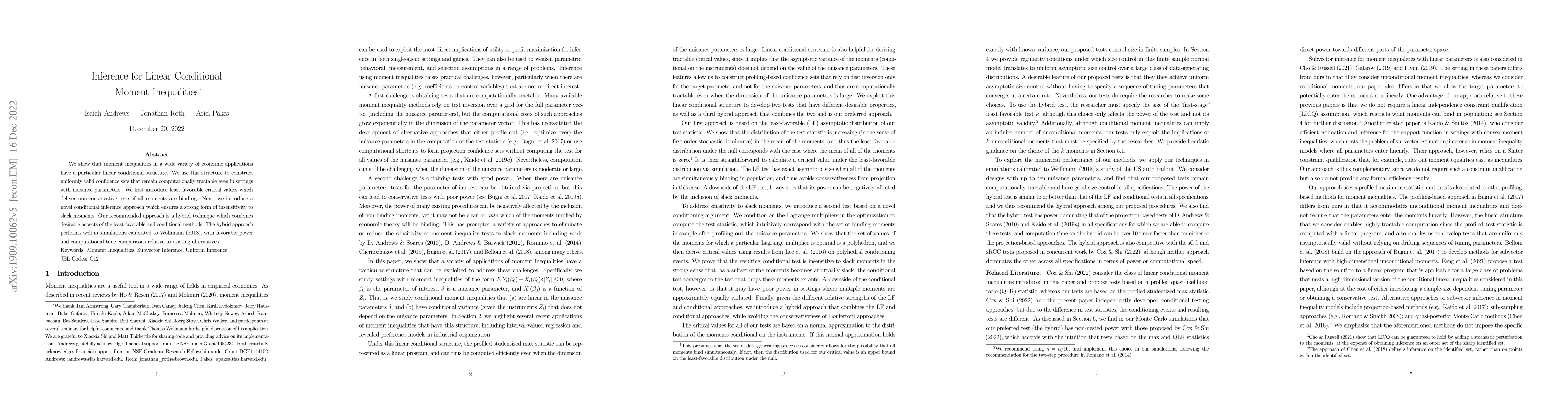 Thumbnail for Inference for Linear Conditional Moment Inequalities