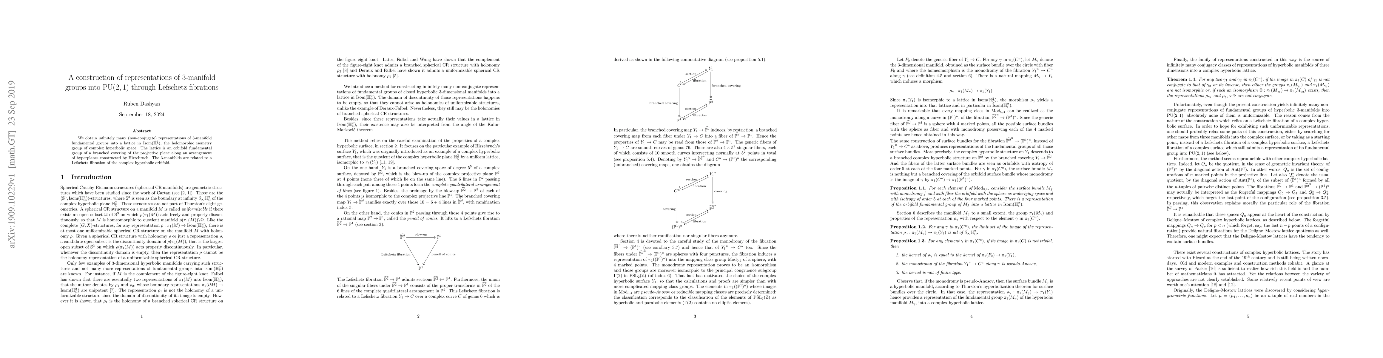 Thumbnail for A construction of representations of 3-manifold groups into PU(2,1)
  through Lefschetz fibrations