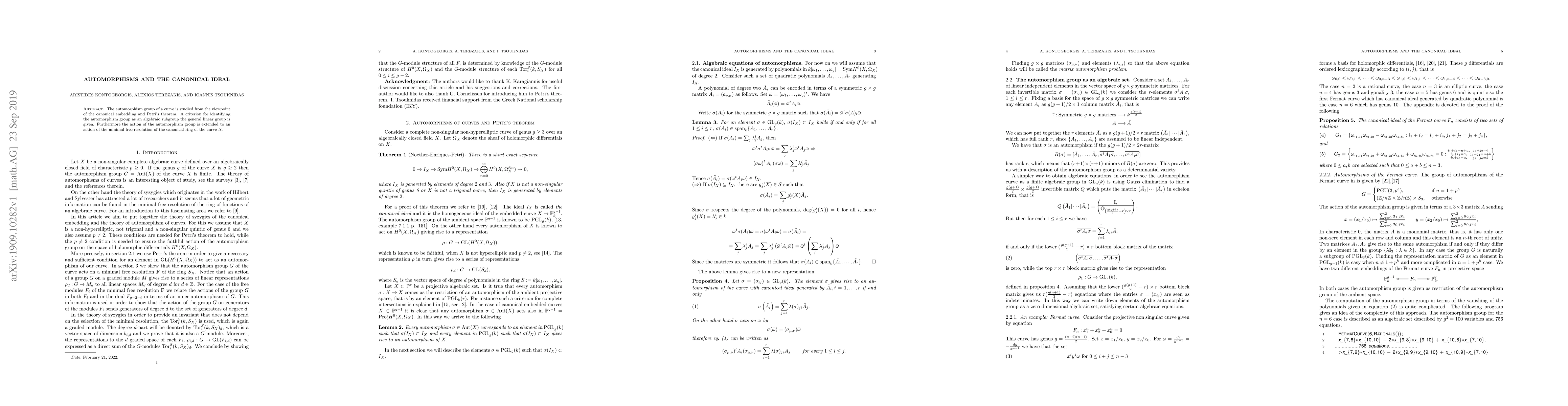 Thumbnail for Automorphisms and the canonical ideal